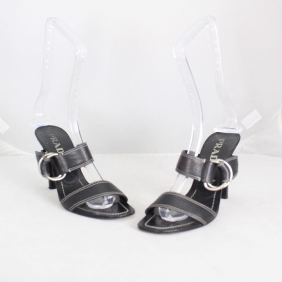 PRADA #18122 Black Leather Sandals Heels - Picture 1 of 7